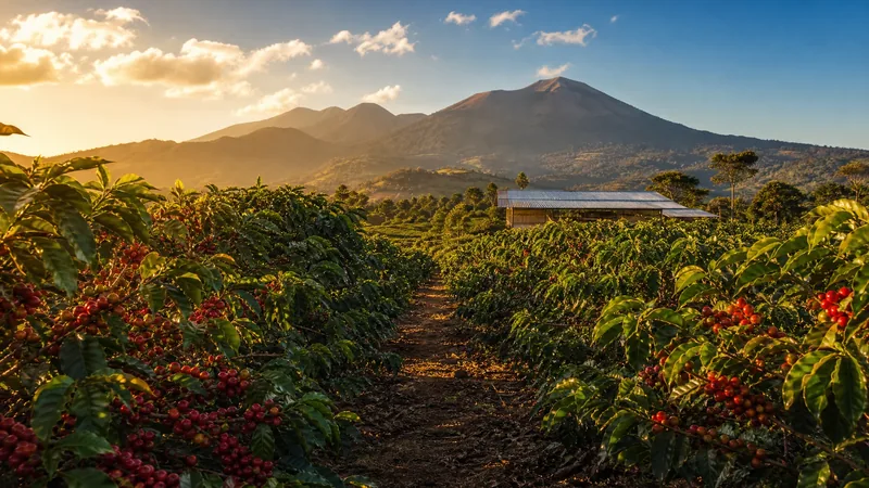 Terraced coffee trees with red cherries on a sunlit volcanic hillside farm, How to Start a Coffee Farm or Roasting Business in Hawaii