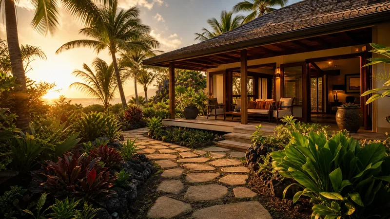 Single-story tropical vacation rental cottage with lanai, palms and a garden path at golden hour, Hawaii Short-Term Rental Laws by County