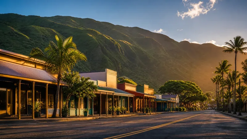 Small island town main street of low storefronts with palms and green mountain slopes behind, soft light, Maui County Business License