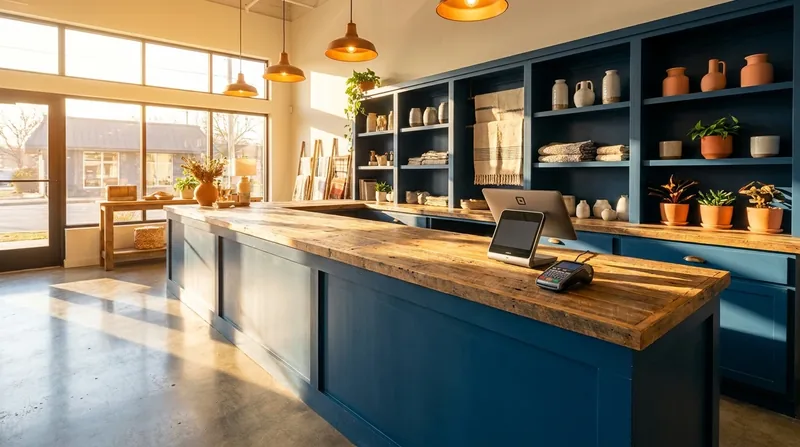 Shop counter with a card reader and shelves of homewares, Honolulu County Licensed Trades