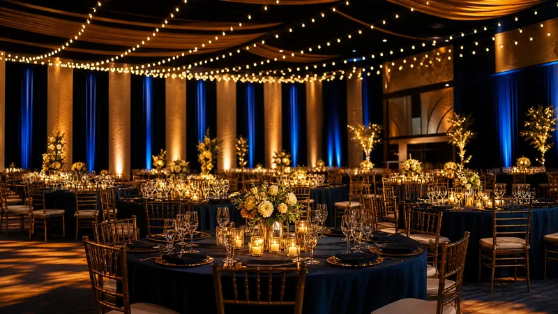 Elegant event hall set with round tables and string lights, How to Start a Wedding Business in Hawaii